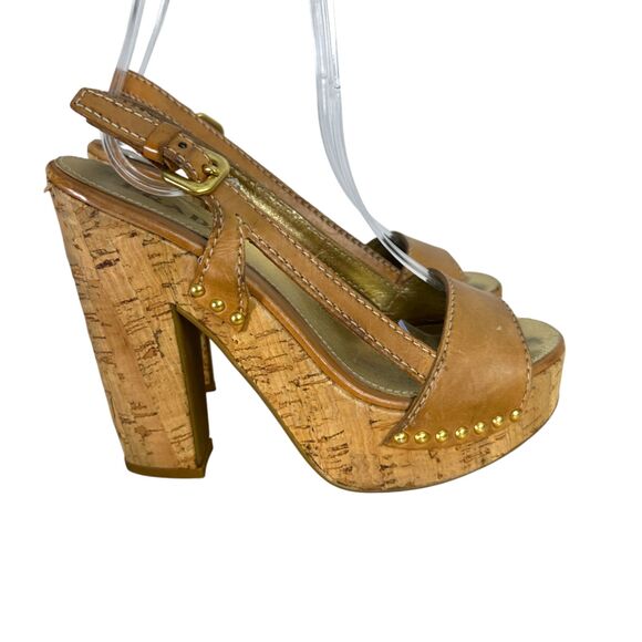 Prada Cork Platform Chunky Heel Brown Leather Studded Heels EU 36.5 US 6.5 -READ - Picture 5 of 13